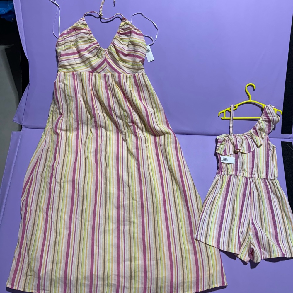 Mommy and me outfit!  Striped halter dress (L) and matching romper (6/7)